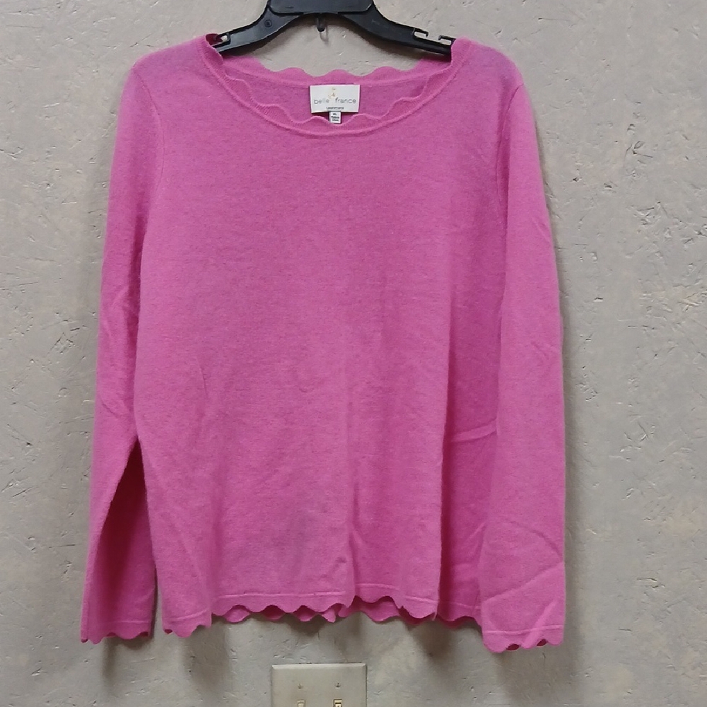Belle France Pink Cashmere Crew Scallop Hem Sweater